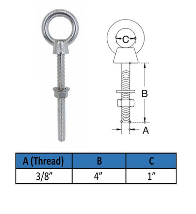 Stainless Steel Marine 3/8'' x 4'' Shoulder Eye Bolt SS316 Fully Threaded