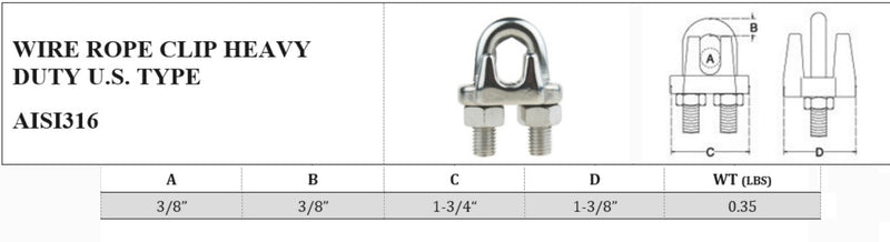 3/8" Marine Stainless Steel 316 Heavy Duty Wire Rope Clips Cable Clamp Rig Boat