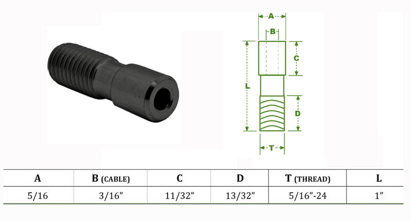 Streamline Stud Used For 1/8" , 3/16" Cable, Stainless Steel T316, Molybdenum Disulfide Coating