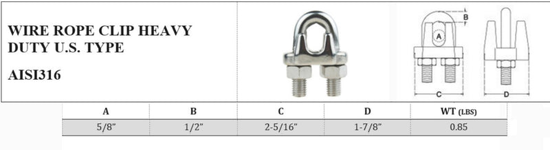 Marine Industrial Heavy Duty Wire Clip Rope Clamp Stainless Steel Cable_Various Sizes