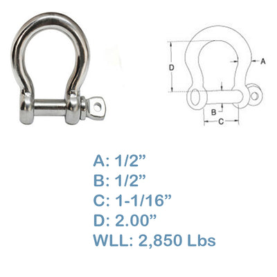 1/2" Screw Pin Anchor Rigging Bow Shackle 2,850 Lbs Stainless Steel For Marine Boat