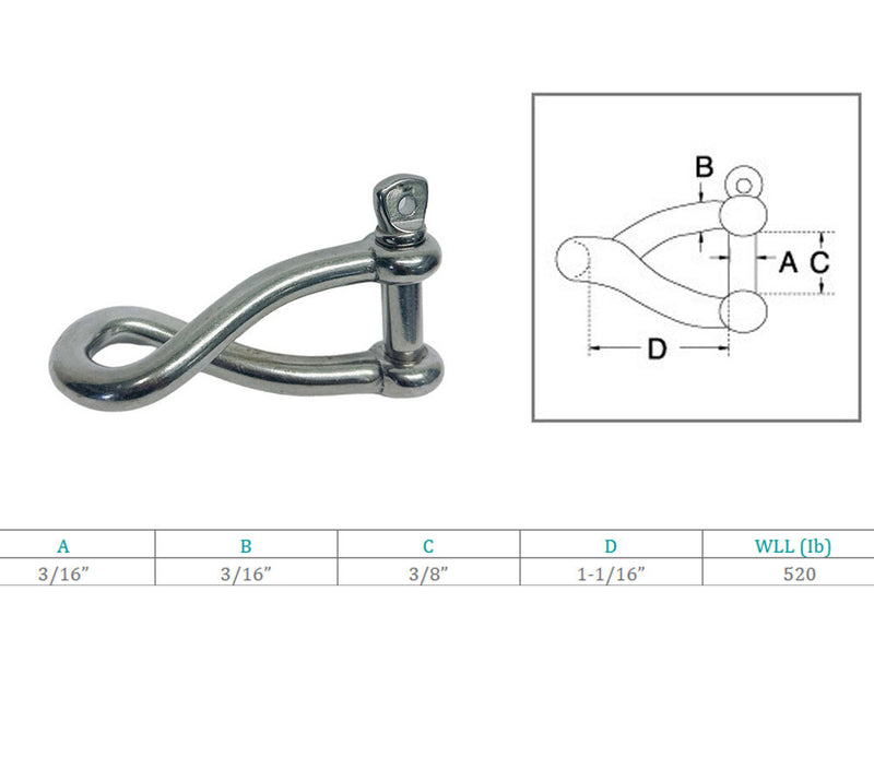 3/16" Stainless Steel 316 Twisted Shackle Screw Pin,520 Lb WLL Marine Grade