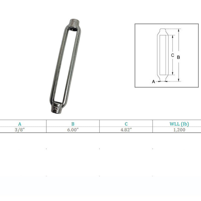 Marine Grade 3/8" x 4-7/8" Turnbuckle Body 1200 Lbs WLL, Stainless Steel T316