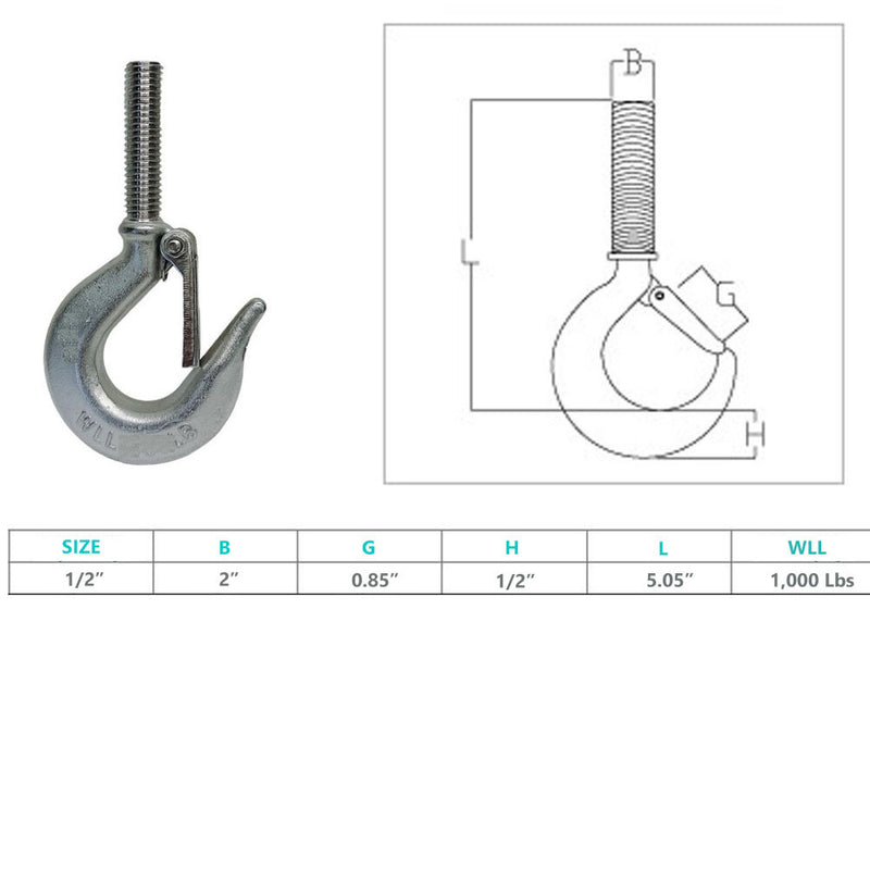 Marine 1/2" Threaded Shank Hook Drop Forged Hook 1,000 Lb WLL Stainless Steel