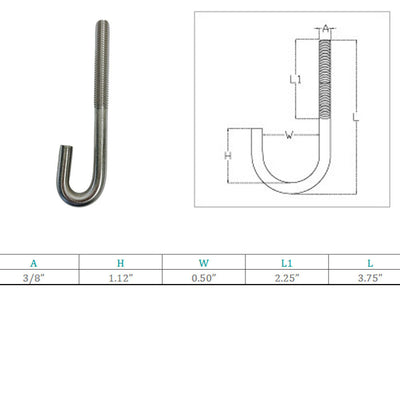 Marine Boat 3/8" x 3.75" J Bolt Spring Hook J-Bolt J Hook T316 Stainless Steel 4 Pcs