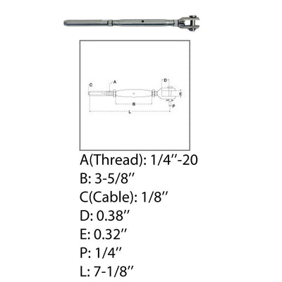 Marine 1/4" Thread Fork & Hand Swage Stud Turnbuckle 1/8" Cable Stainless Steel