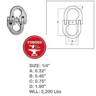 Stainless Steel 1/4" Marine Hammerlock Coupling Link Connecting Link 2200 Lb WLL