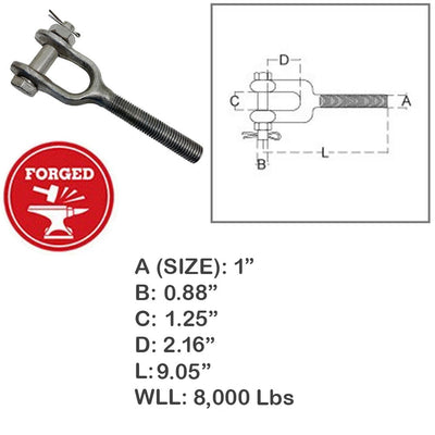 1" Drop Forged Turnbuckle Jaw RIGHT HAND Thread 8000 Lb WLL Stainless Steel T316