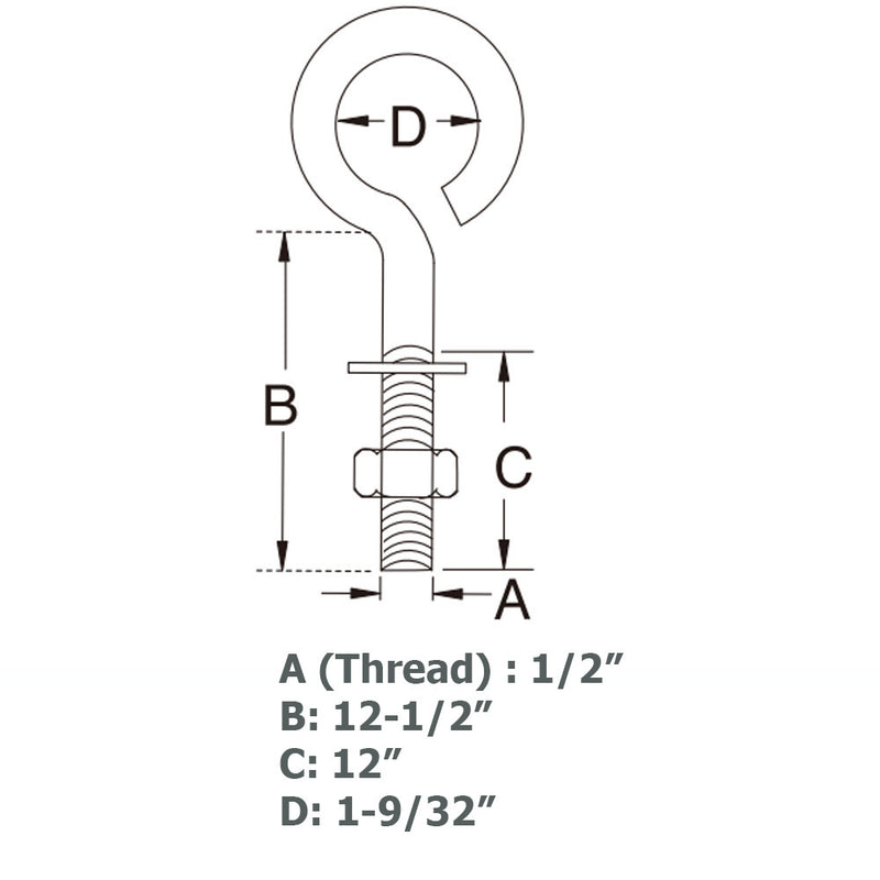 Full Thread 1/2" x 12" Turned Eye Bolt Nut Washer 1,000 Lbs WLL Stainless Steel