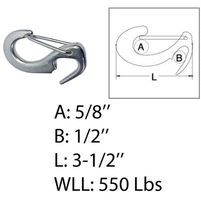 4 Pcs Stainless Steel 316 Open End Spring Snap Tack Hook, Sail Snap Hook 3-1/2"L