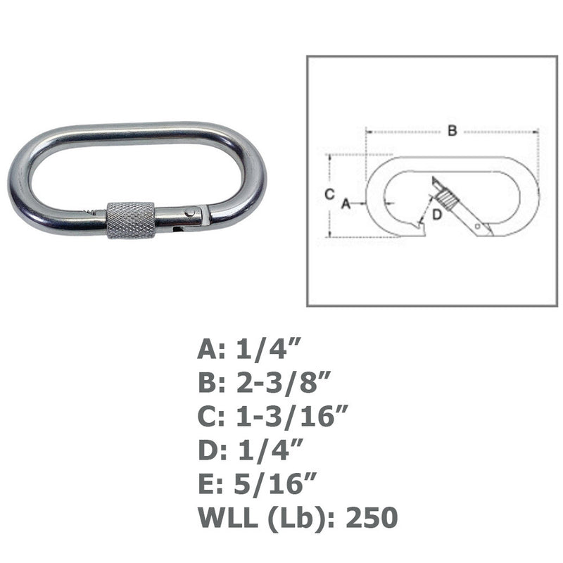 1/4" Carabiner Clip Spring Snap Hook Oval Shape W/ Lock Nut Stainless Steel 4Pcs