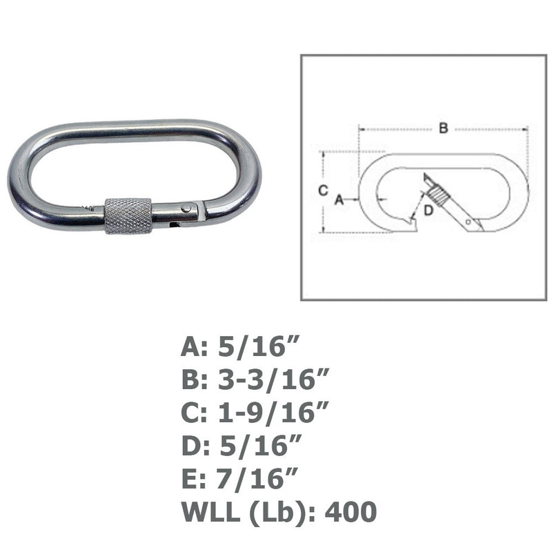 5/16" Lock Nut Carabiner Clip Spring Snap Hook Oval Shape Stainless Steel T316