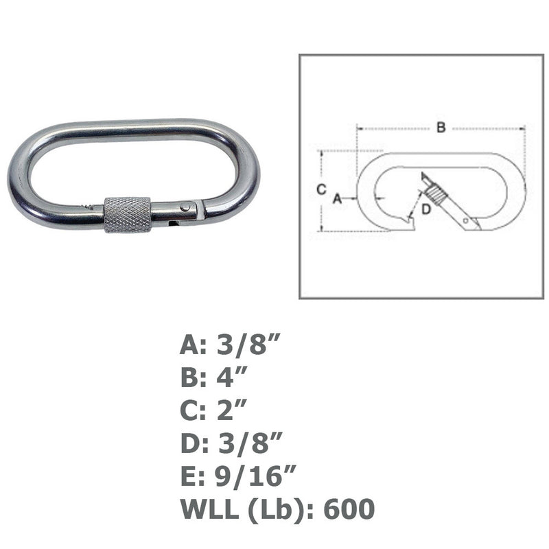 3/8" Carabiner Clip Spring Snap Hook Oval Shape W/ Lock Nut Stainless Steel 4Pcs