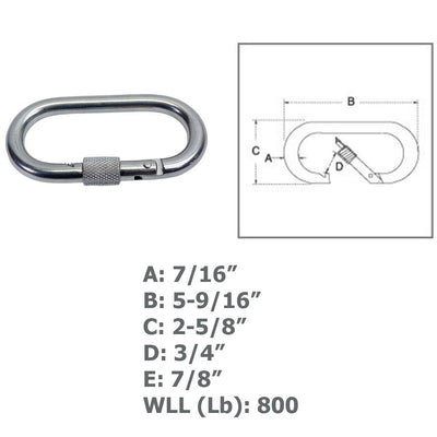 7/16" Carabiner Clip Spring Snap Hook Oval Shape W/ Lock Nut Stainless Steel 316