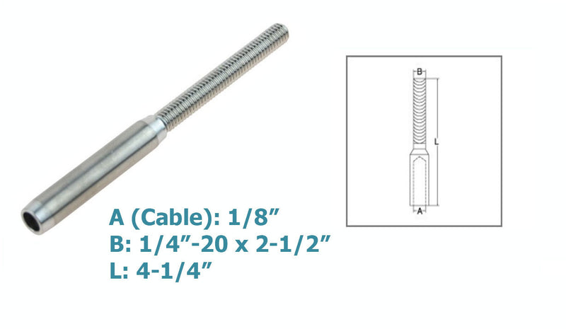 Hand Swage Lifeline Stud RH Cable Rail Stainless Steel T316 Marine Grade