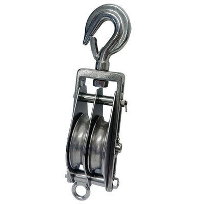 Double Sheave Swivel Hook Block 3/16" Cable Wire 1450 Lb WLL Stainless Steel