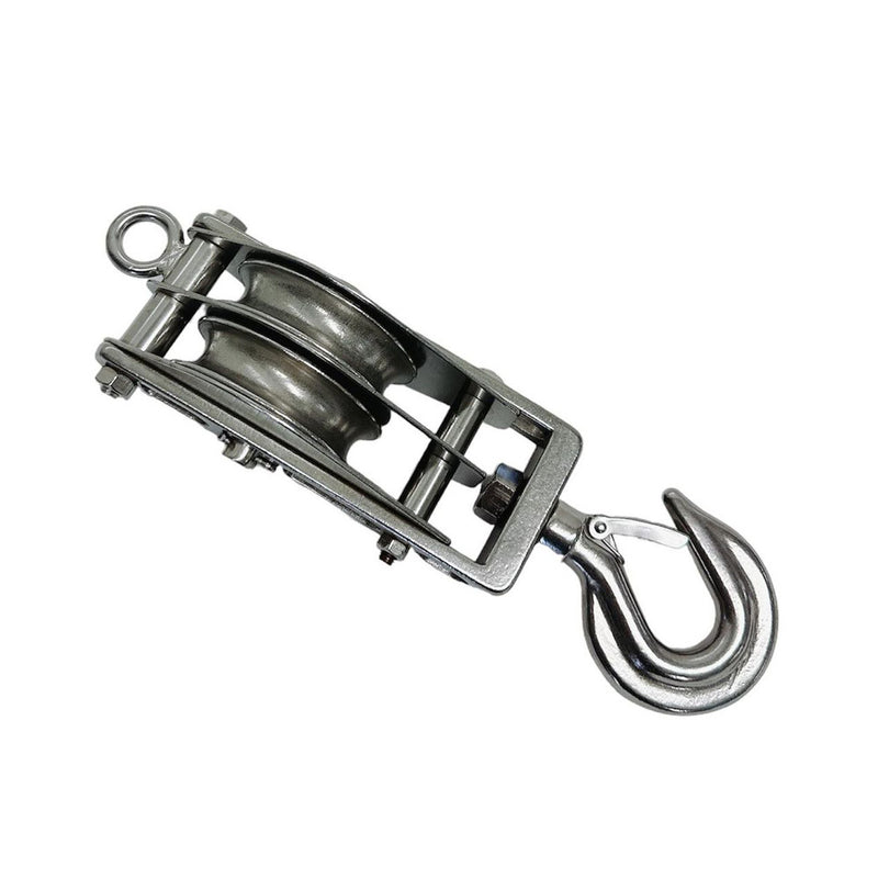 Double Sheave Swivel Hook Block 3/16" Cable Wire 1450 Lb WLL Stainless Steel