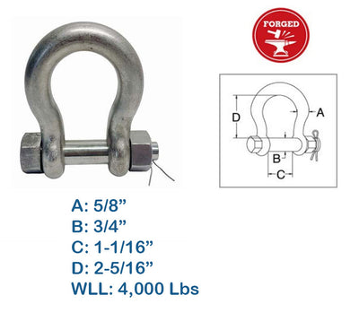 Bolt Pin Anchor Shackle, T316 Stainless Steel, Drop Forged