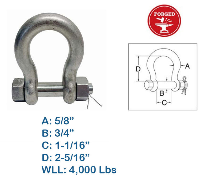 Bolt Pin Anchor Shackle, T316 Stainless Steel, Drop Forged