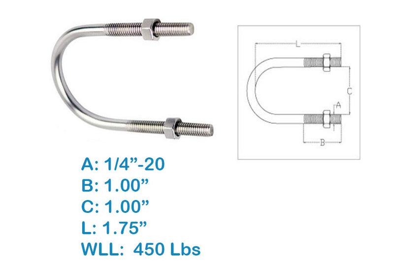 1.75"L U-Bolts, 1/4"-20 Thread With Hex Nuts, 450 Lbs WLL, Stainless Steel 4 Pcs