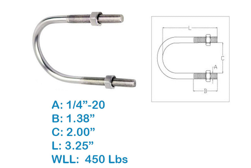 3.25"L U-Bolts, 1/4"-20 Thread With Hex Nuts, 450 Lbs WLL, T316 Stainless Steel