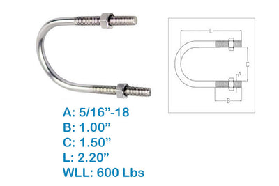 2.20"L U-Bolts, 5/16"-18 Thread W/ Hex Nuts, 600 Lbs WLL, Stainless Steel 4 Pcs