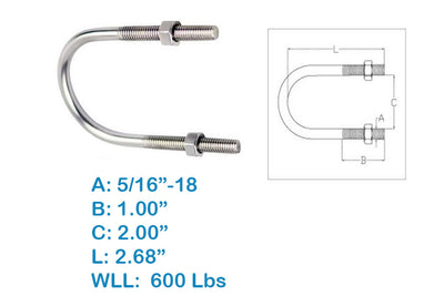 2.68"L U-Bolts, 5/16"-18 Thread W/ Hex Nuts, 600 Lbs WLL, Stainless Steel 4 Pcs