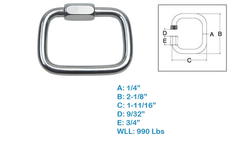 Stainless Steel T316 Square Quick Link Chain Connectors, Locking Carabiners Marine Grade