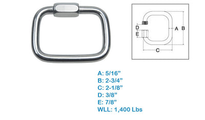 Stainless Steel T316 Square Quick Link Chain Connectors, Locking Carabiners Marine Grade