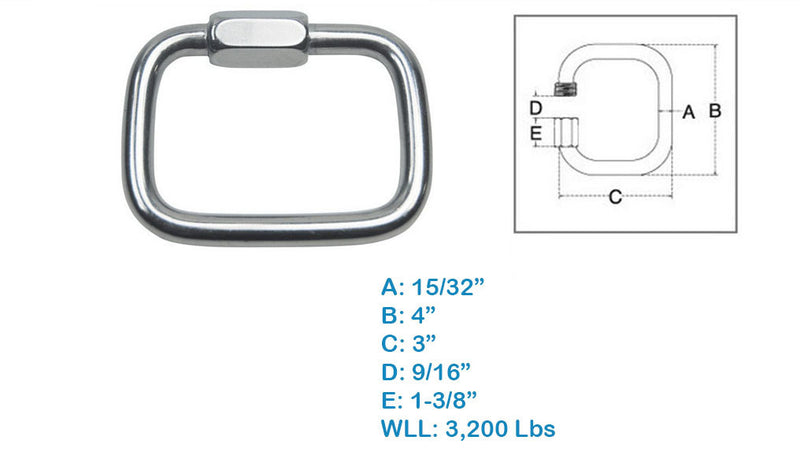 Stainless Steel T316 Square Quick Link Chain Connectors, Locking Carabiners Marine Grade