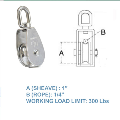 T316 Stainless Steel Single Sheave Swivel Eye Pulley Marine Hoist