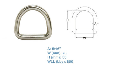 5 Pcs T316 Stainless Steel 5/16" Welded D Ring Marine Boat Rigging Lifting Hook