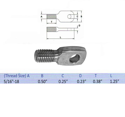 Marine Grade 5 Pc Set Stainless Steel T316 Threaded Eye Tab Bolt