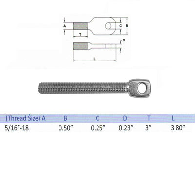 Marine Grade 5 Pc Set Stainless Steel T316 Threaded Eye Tab Bolt