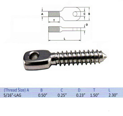 Marine Grade 5 Pc Set Stainless Steel T316 Threaded Eye Tab Bolt