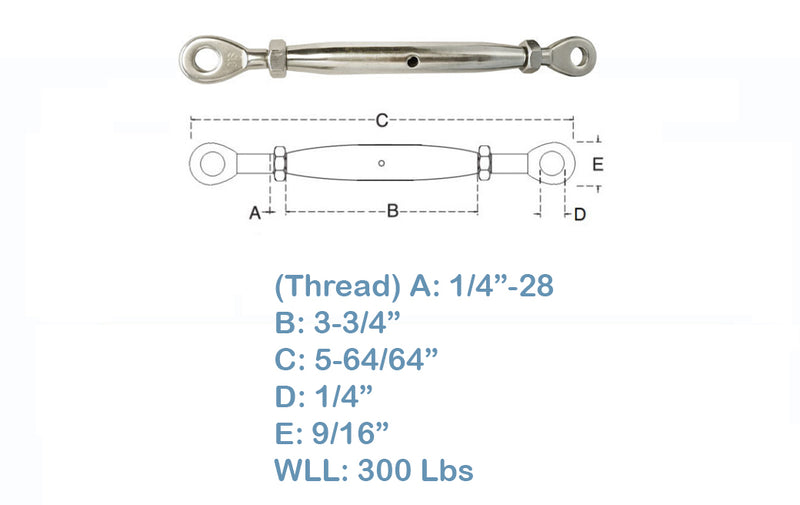 1/4" Stainless Steel Closed Body Eye Eye Turnbuckle 300 Lbs Limit