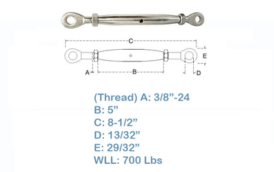 3/8'' Marine Stainless Steel Closed Body Turnbuckle EYE EYE Rigging Boat 700Lbs