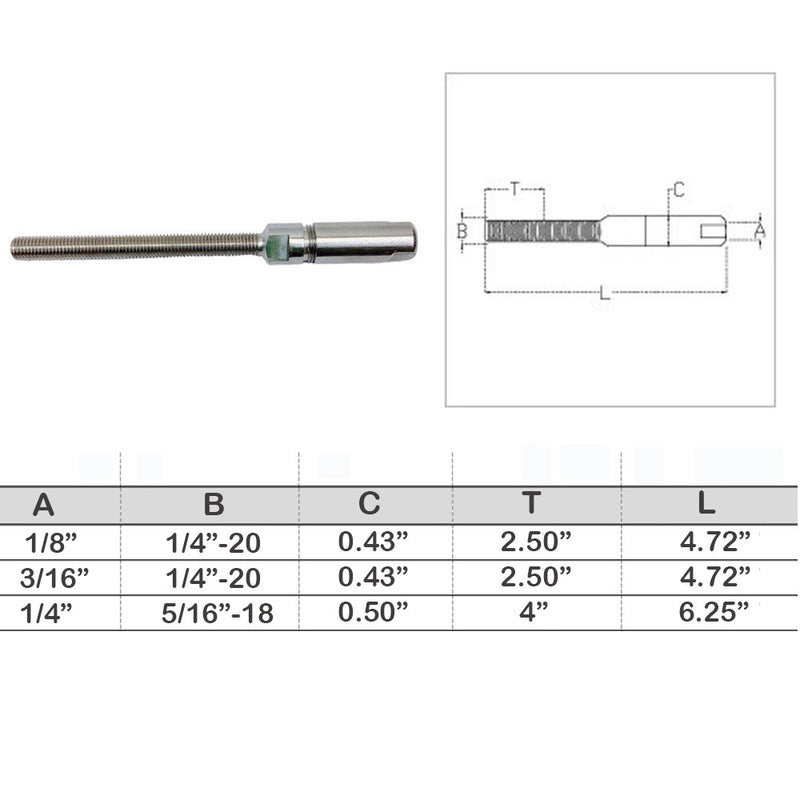 Fully Threaded Push & Go Swageless Lag For 1/8",3/16", 1/4" Cable Rail Stainless Steel T316