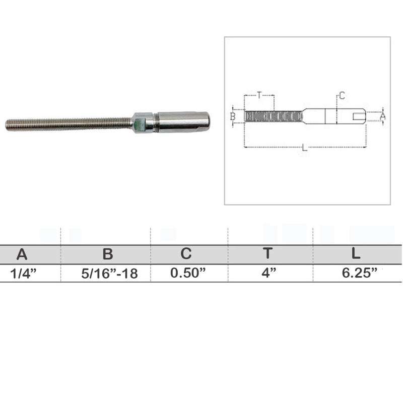 Fully Threaded Push & Go Swageless Lag For 1/8",3/16", 1/4" Cable Rail Stainless Steel T316