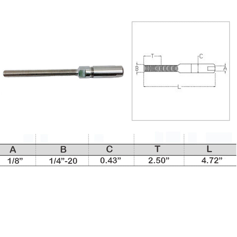 Fully Threaded Push & Go Swageless Lag For 1/8",3/16", 1/4" Cable Rail Stainless Steel T316