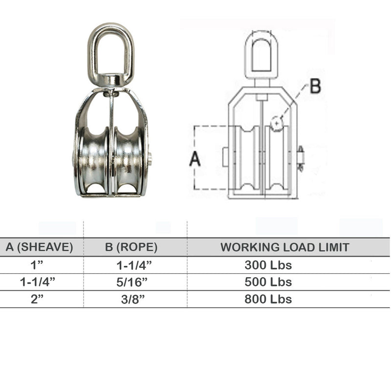 Double Pulley with Swivel Eye Hoist Lifting Stainless Steel 316