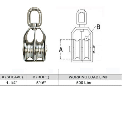 Double Pulley with Swivel Eye Hoist Lifting Stainless Steel 316