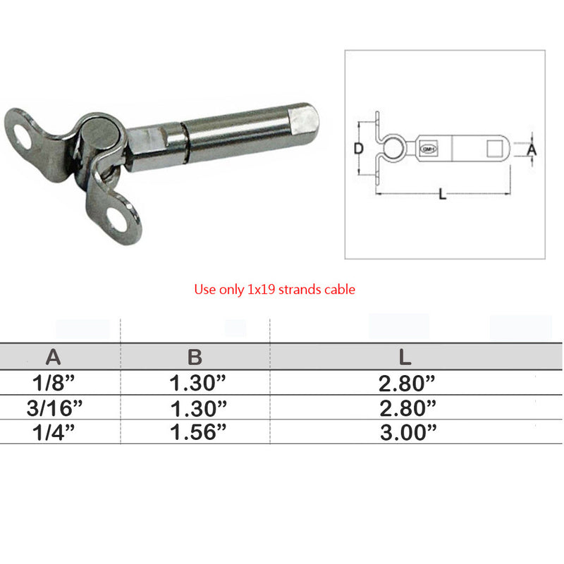 Marine Push And Go Swageless Deck Toggle For Cable Wire T316 Stainless Steel