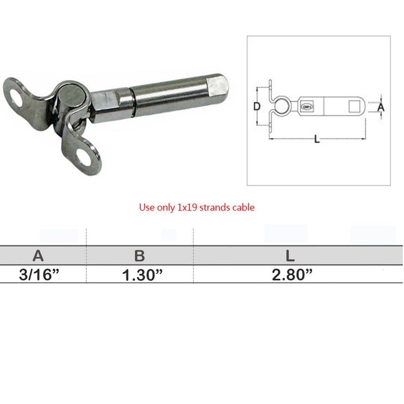 Marine Push And Go Swageless Deck Toggle For Cable Wire T316 Stainless Steel