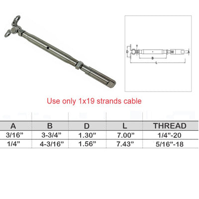 Push And Go Deck Toggle Turnbuckle For 1/4", 3/16" Cable T316 Stainless Steel