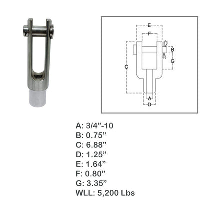 Marine 3/4"-10 Right Handed Threaded Yoke End 5,200 Lbs WLL Stainless Steel T316