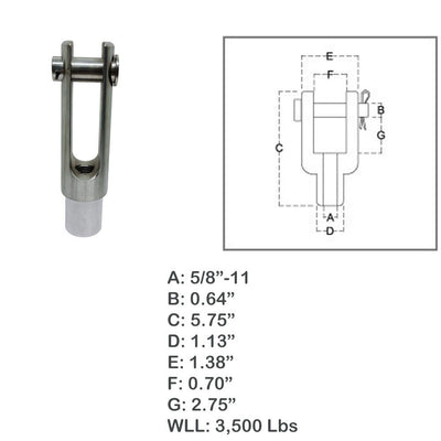 Marine 5/8"-11 Right Handed Threaded Yoke End 3,500 Lbs WLL Stainless Steel T316