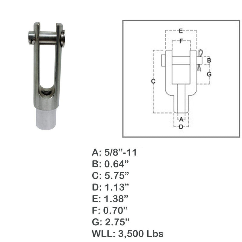 Marine 5/8"-11 Right Handed Threaded Yoke End 3,500 Lbs WLL Stainless Steel T316