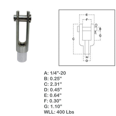 Marine 1/4"-20 Right Handed Threaded Yoke End 500 Lbs WLL Stainless Steel T316