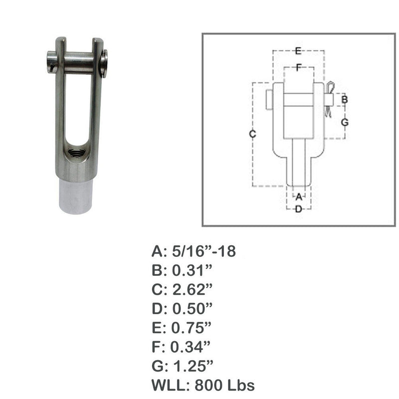 Marine 5/16"-18 Right Handed Threaded Yoke End 800 Lbs WLL Stainless Steel T316